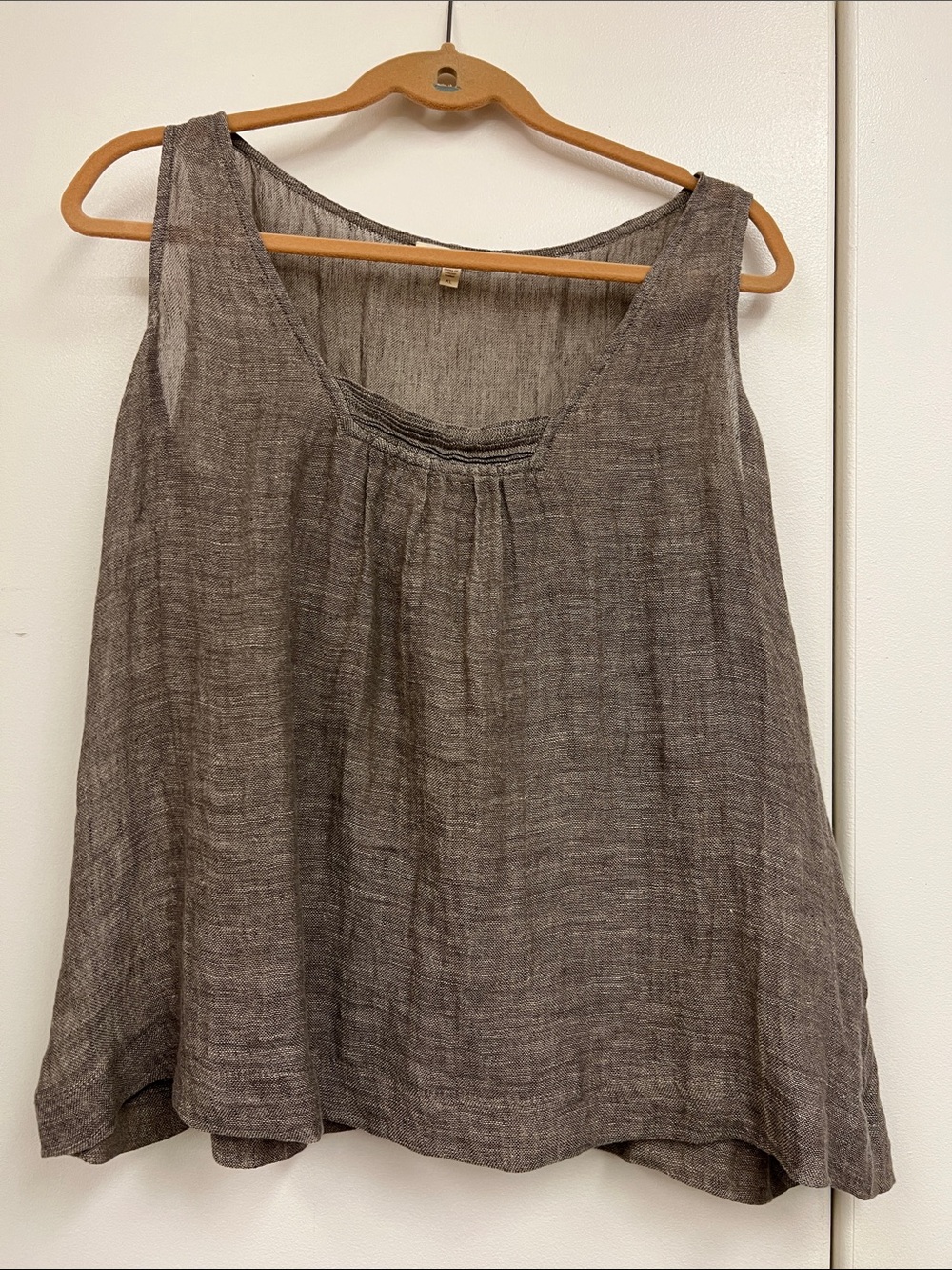 Eileen Fisher Brown Heathered Linen Scoop Neck Pleated Tank Top Blouse Shirt